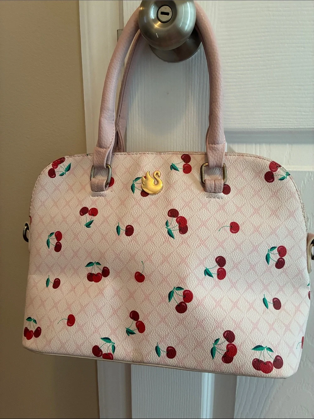 Cherry-Print Pink Dome Satchel Handbag